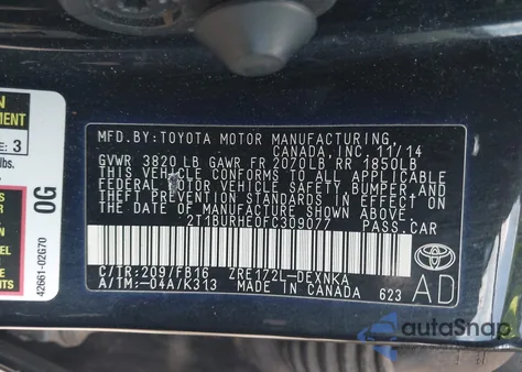 2015 Toyota Corolla Le z USA, uszkodzony, nr VIN 2T1BURHE0FC309077